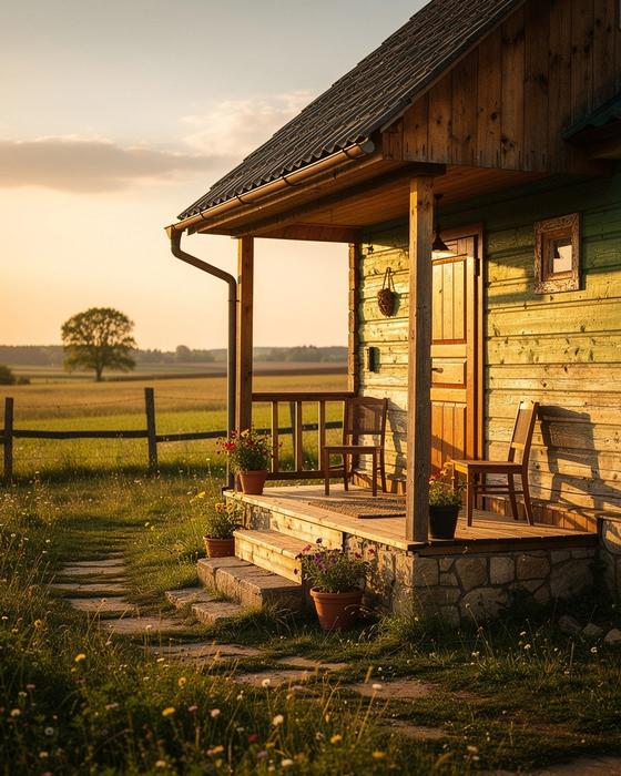 A cozy country house exterior in warm daylight